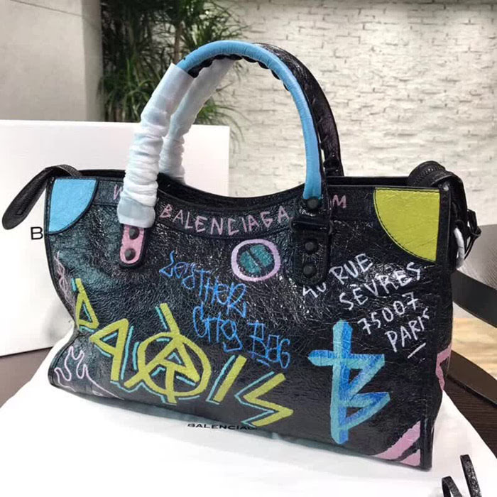 BALENCIAG巴黎世家 Balenciaga city 機車包 限量 原廠爆裂紋羊皮 塗鴉字母 手提肩背斜挎包  BL1697